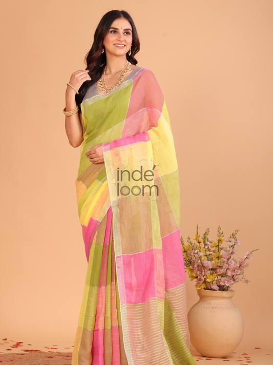 Linen Checks Saree With Green Pink Yellow - 108
