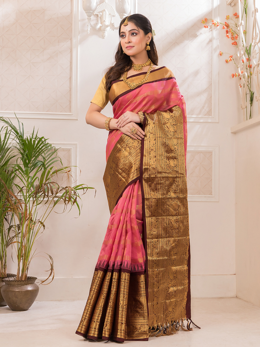 Swarna  -  Ivory silk with golden floral vine and temple border