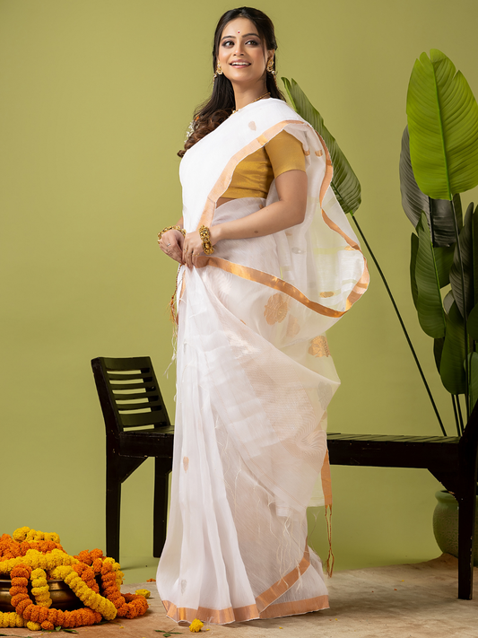 Pure Jamdani Linen Saree | Snow White and White | Half and Half style with Contrast Border