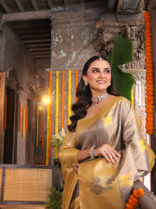 Tamra Vastra - Lava Rock Black silk with golden checks and shrine motifs