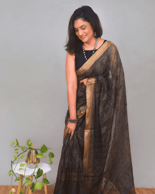 Ajrakh Exclusive designer Chanderi Saree with Zari border - 039 - indeloom