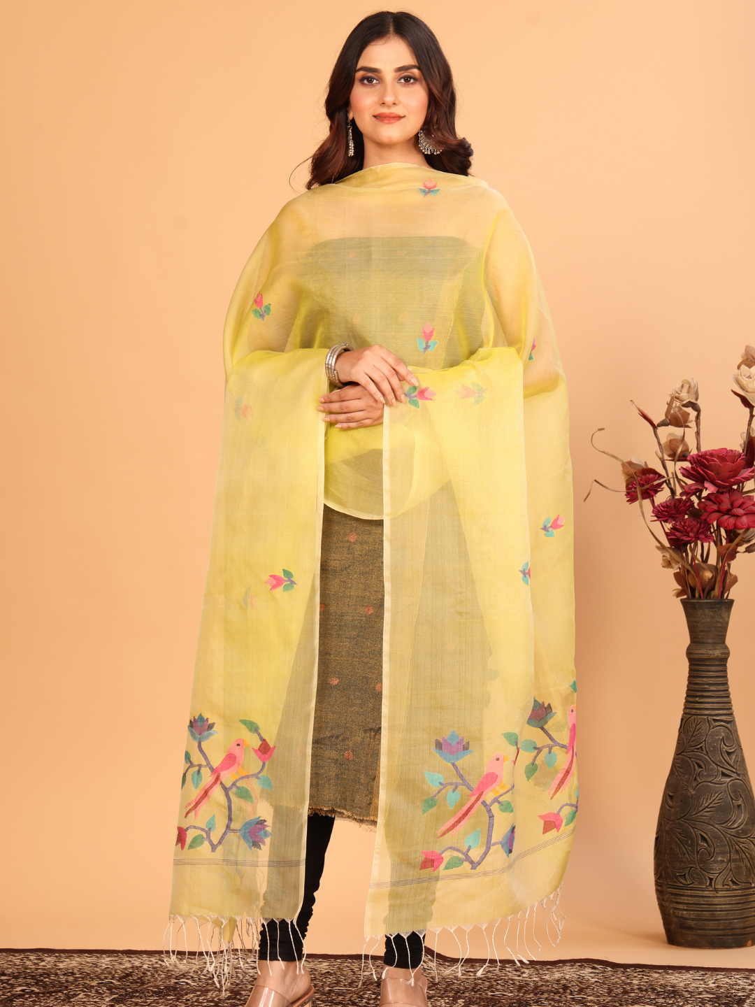 Handwoven Muslin Jamdani Dupatta | Mustard Yellow
