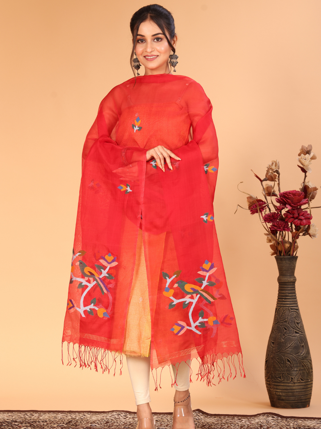 Handwoven Muslin Jamdani Dupatta | Red
