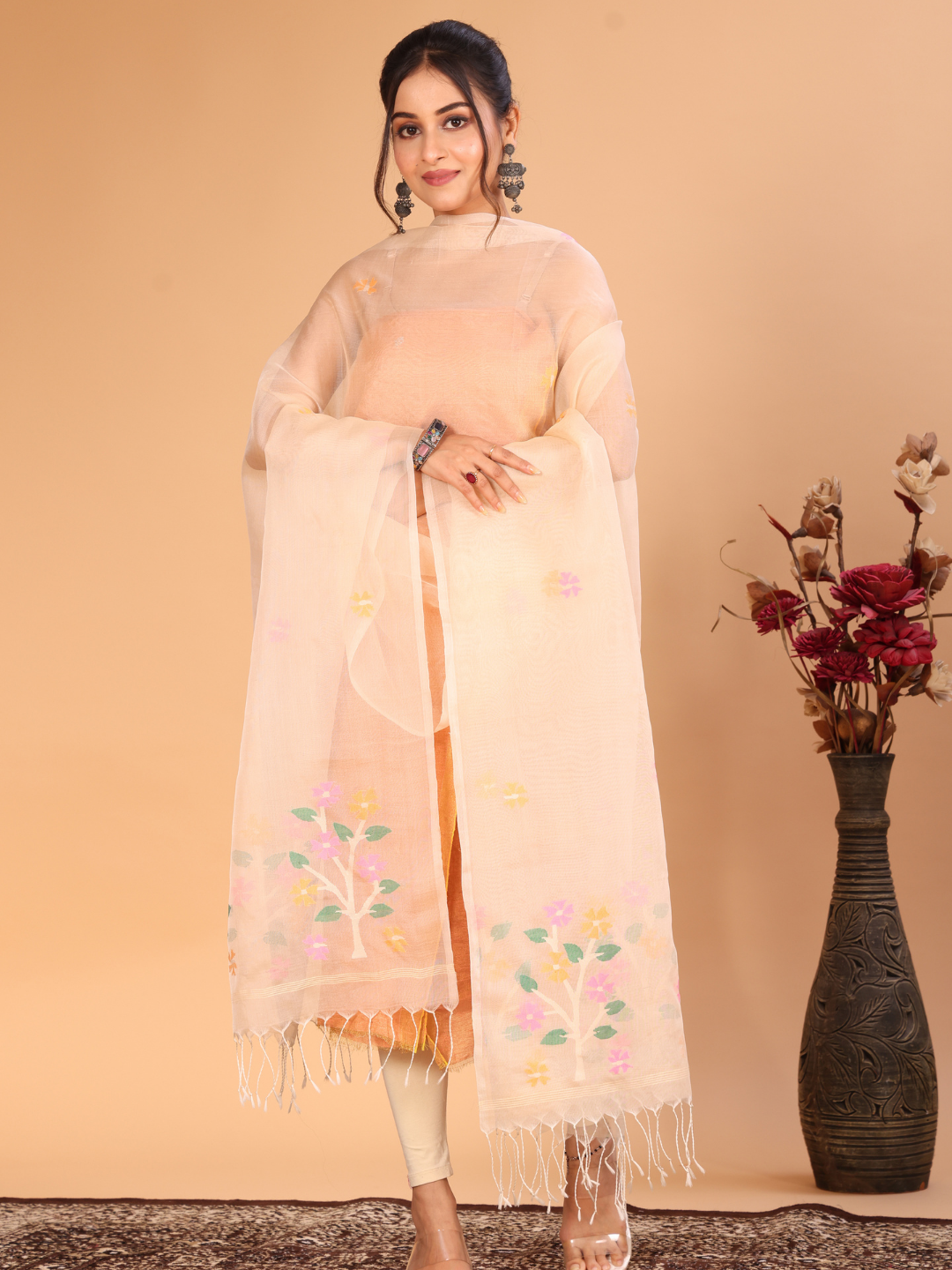 Handwoven Muslin Jamdani Dupatta | Soft Cream
