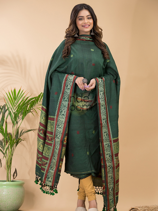 Handwoven Jamdani Linen Unstitched 2-piece Kurti | Bottle Green