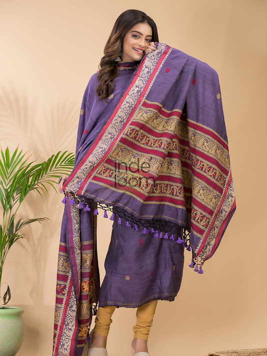 Smoky Mauve | Handloom Jamdani Linen Unstitched 2-Piece Kurti | Baluchari Design