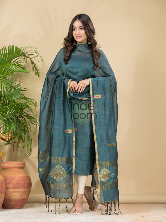 Sea Slate | Handloom Jamdani Cotton Unstitched 2-Piece Kurti | Benaras Design