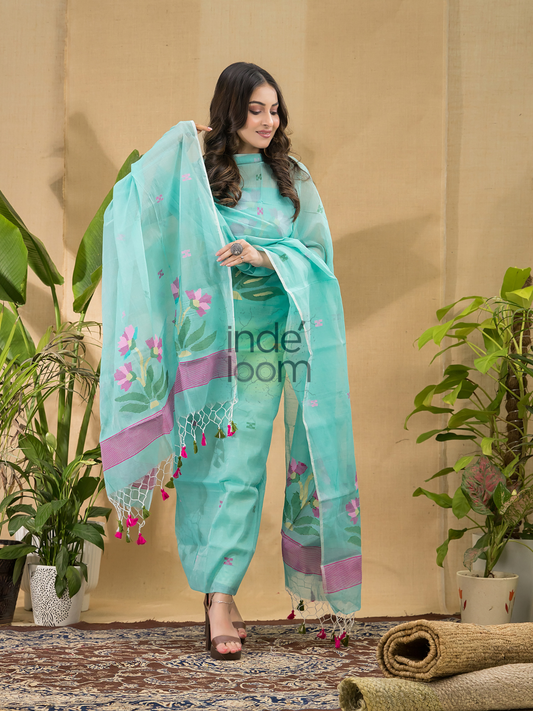 Aquamarine Green | Handloom Jamdani Muslin Unstitched 2-Piece Kurti | Classic Design