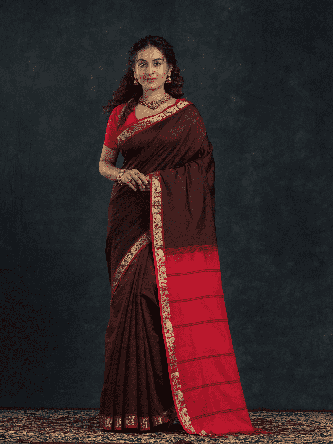 Pure Handloom Korvai Silk Cotton Saree in Red and Brown Border - 147