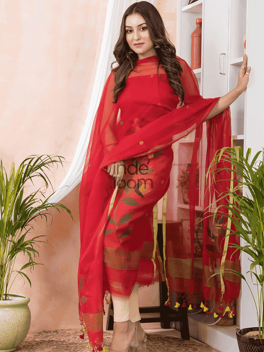 Imperial Red Jamdani 2-Piece Set Kurti & Dupatta (UNSTITCHED) -485 - indeloom