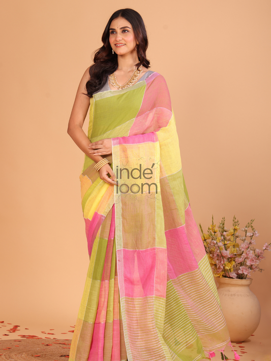 Linen Checks Saree With Green Pink Yellow - 108