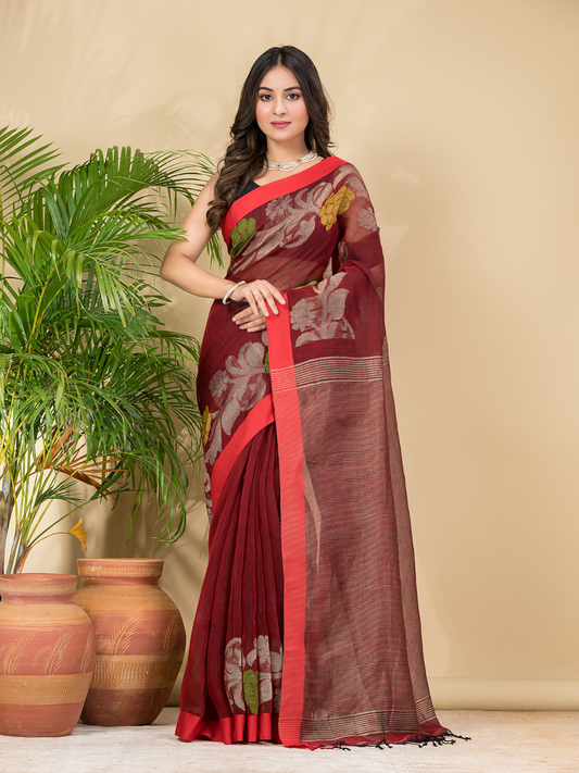 Cherry Red Pure Linen Handloom Saree With Florals - 008