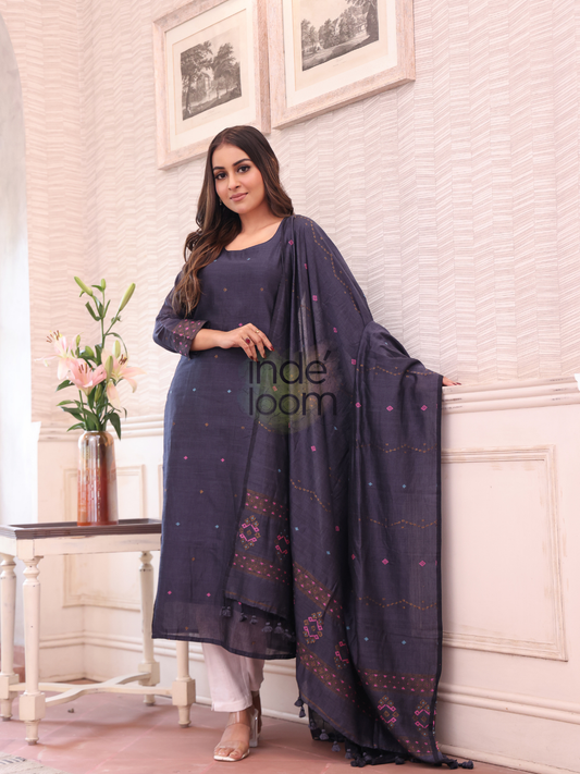 Slate Blue Grey | Handloom Jamdani Cotton Unstitched 2-Piece Kurti | Bhujodi Design