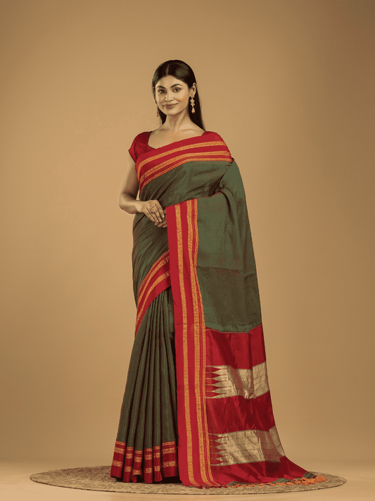 Pure Ilkal Saree With Pine Green and Red Border- 050