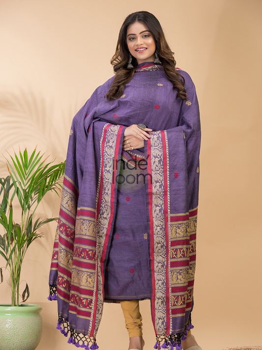 Smoky Mauve | Handloom Jamdani Linen Unstitched 2-Piece Kurti | Baluchari Design