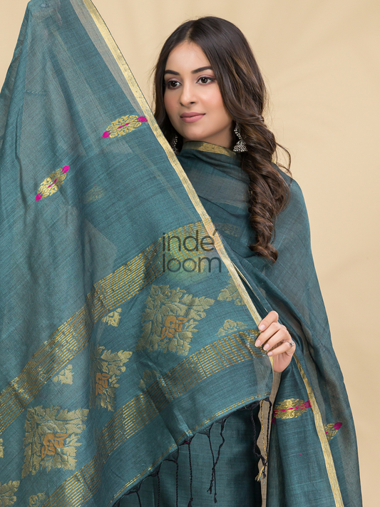 Sea Slate | Handloom Jamdani Cotton Unstitched 2-Piece Kurti | Benaras Design