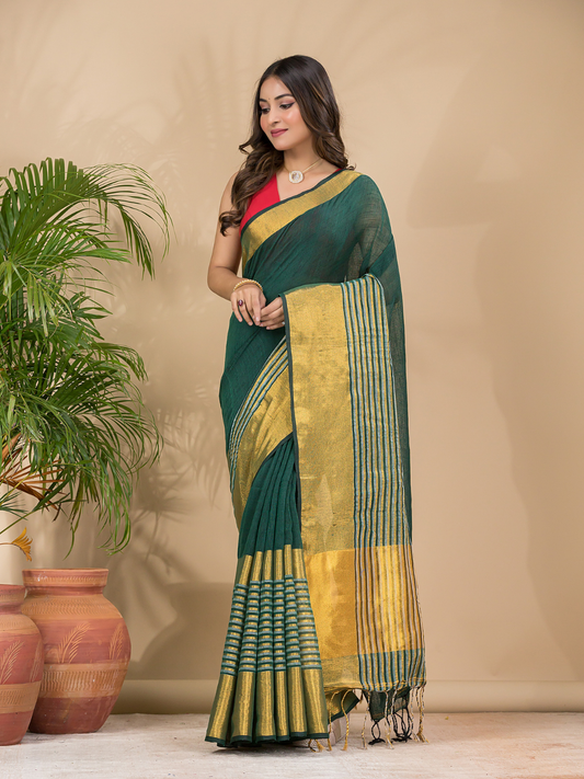 Cotton Linen Handloom Saree With Pine Green - 011