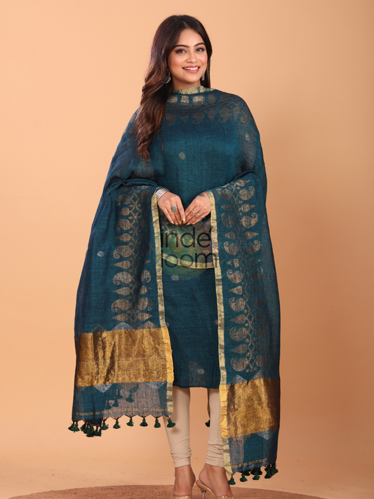 Handwoven Jamdani Linen Unstitched 2-piece Kurti | Deep Teal