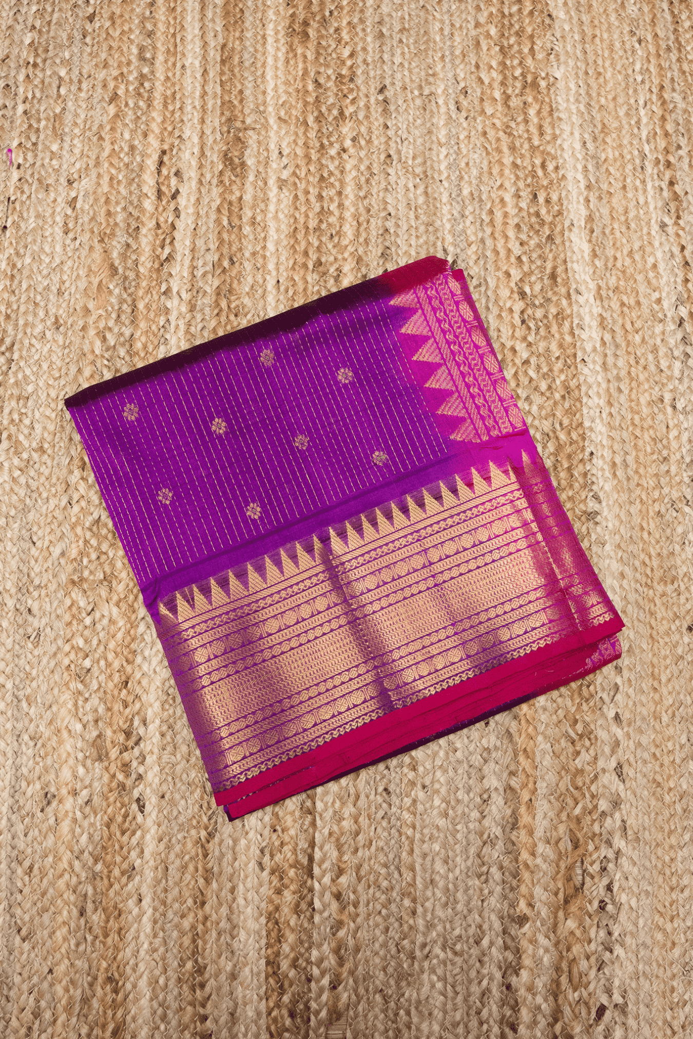 Pure handloom Korvai Silk Cotton Vairaoosi Saree in Mulberry Purple and Golden Pink with Grand Border - 161