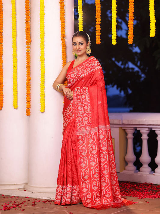 Tussar Silk Jamdani Saree With Classic Red - 111