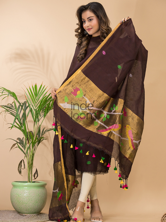 Espresso Brown | Handloom Jamdani Linen Unstitched 2-Piece Kurti | Paithani Design