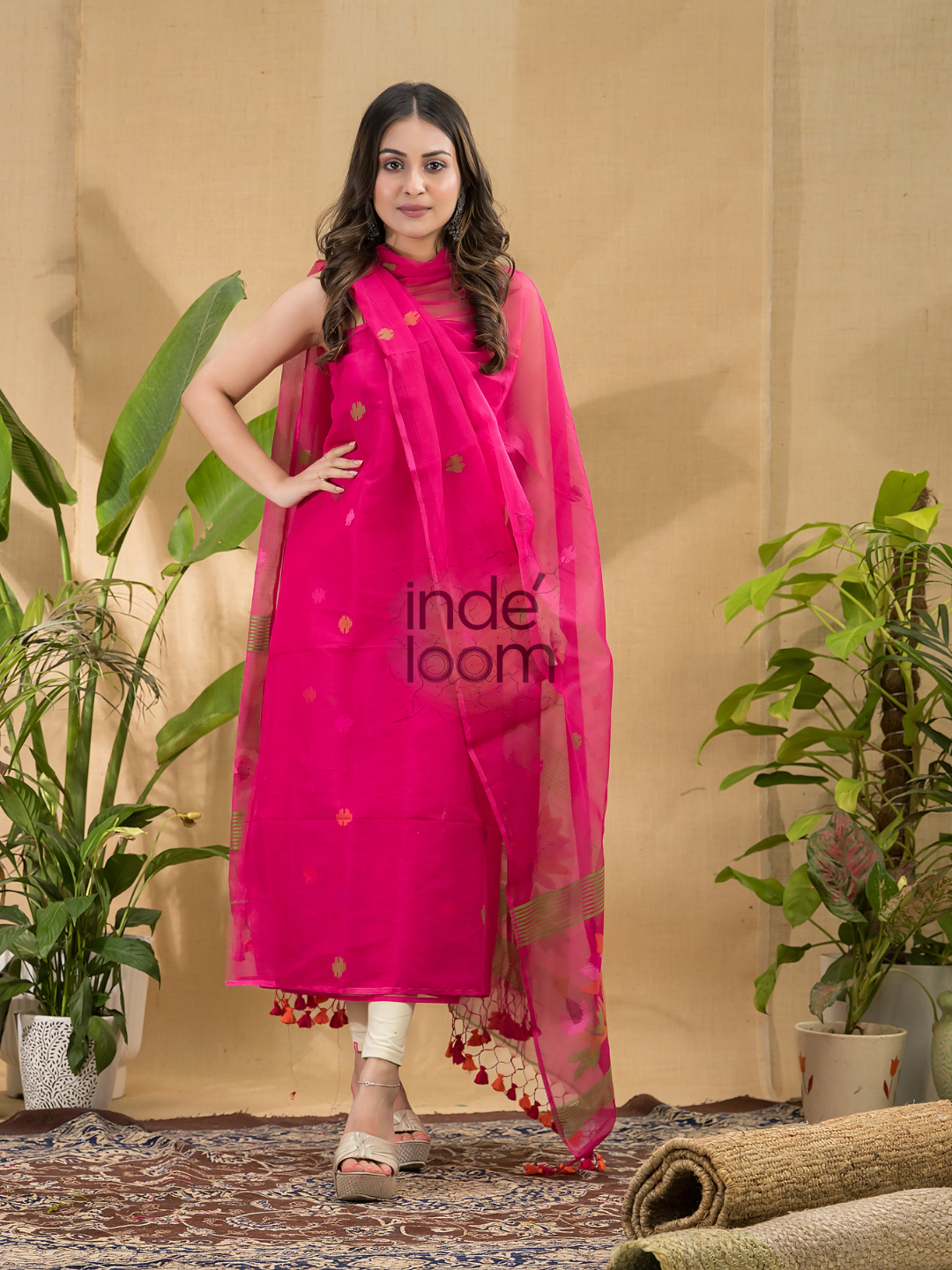 Hot Pink Jamdani 2-Piece Set Kurti & Dupatta (UNSTITCHED) -778