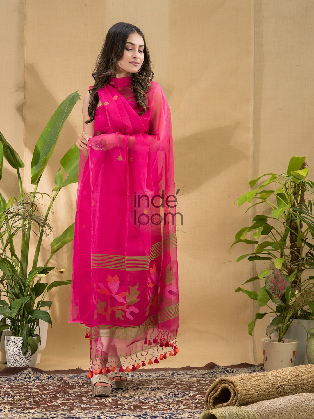 Hot Pink Jamdani 2-Piece Set Kurti & Dupatta (UNSTITCHED) -778