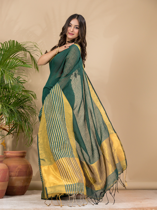 Cotton Linen Handloom Saree With Pine Green - 011