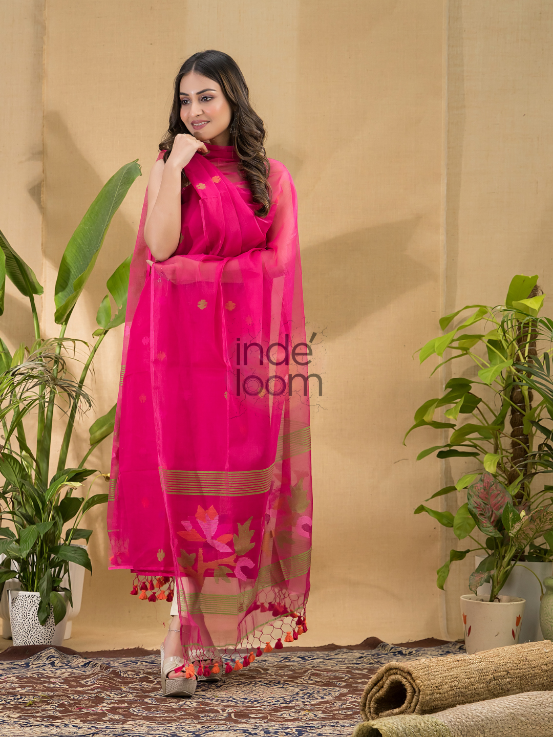 Hot Pink Jamdani 2-Piece Set Kurti & Dupatta (UNSTITCHED) -778