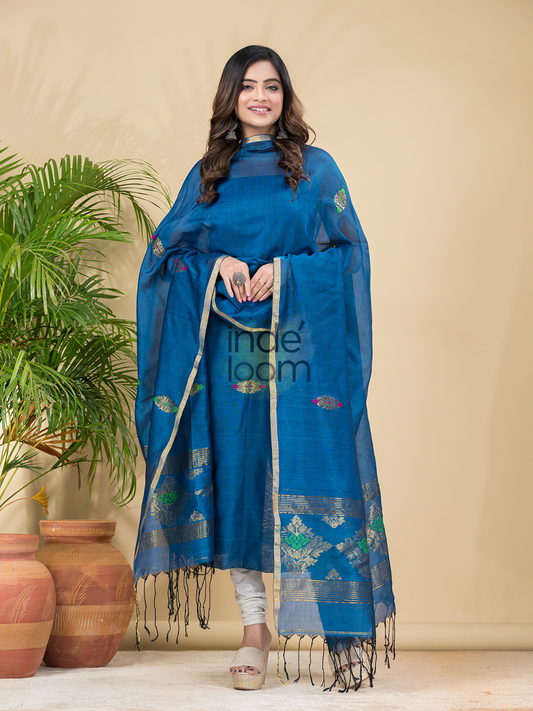 Handwoven Jamdani Cotton Unstitched 2-piece Kurti | Denim Blue