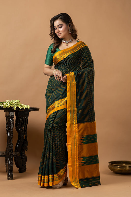 Traditional Ilkal Viscose Saree | Dark Forest Green