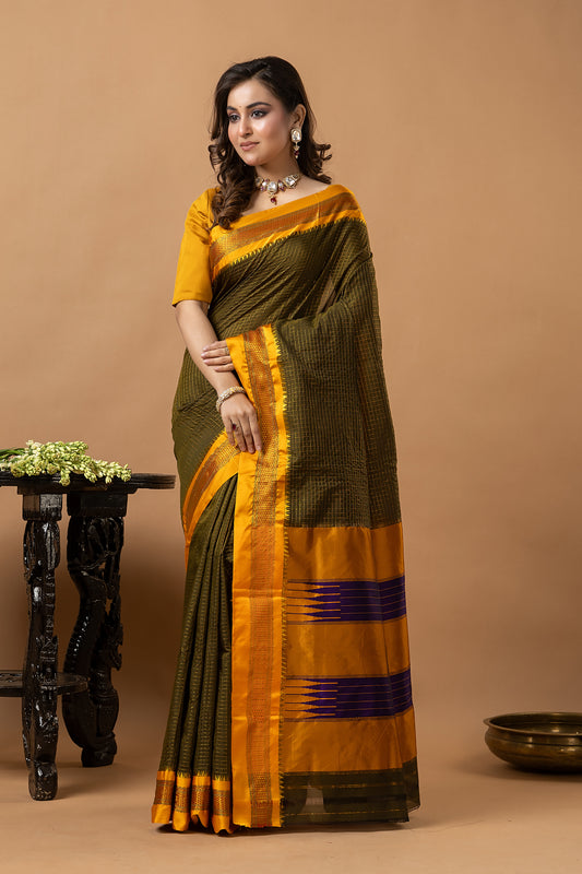 Traditional Ilkal Viscose Saree | Dark Olive Green