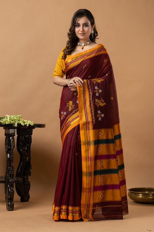 Traditional Ilkal Viscose Saree | Deep Maroon