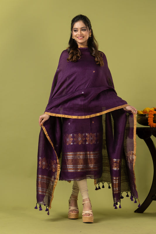 Handwoven Jamdani Linen Unstitched 2-piece Kurti | Aubergine Purple