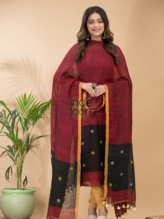 Handwoven Jamdani Linen Unstitched 2-piece Kurti | Burgundy Red