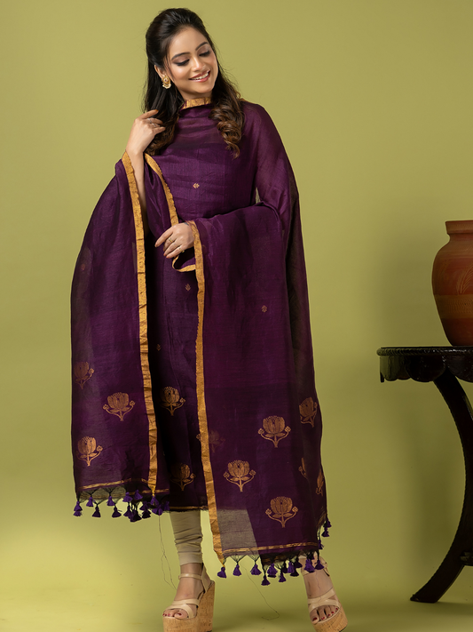 Handwoven Jamdani Linen Unstitched 2-piece Kurti | Royal Purple