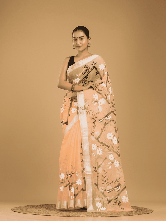 Kota Doria Handpainted Saree With Pale Orange - 006 - indeloom