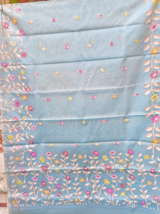 Handwoven Pure Jamdani Cotton Saree | Sky Blue