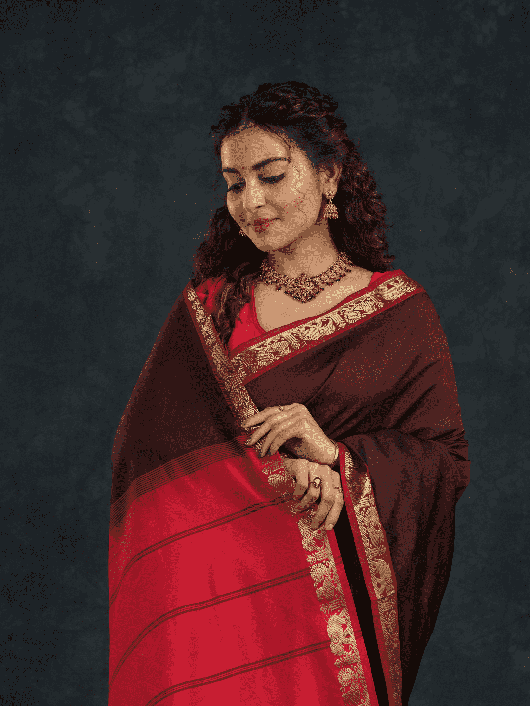 Pure Handloom Korvai Silk Cotton Saree in Red and Brown Border - 147