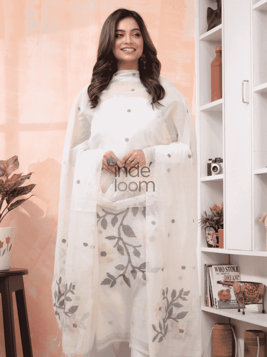 Pure White | Handloom Jamdani Muslin Unstitched 2-Piece Kurti