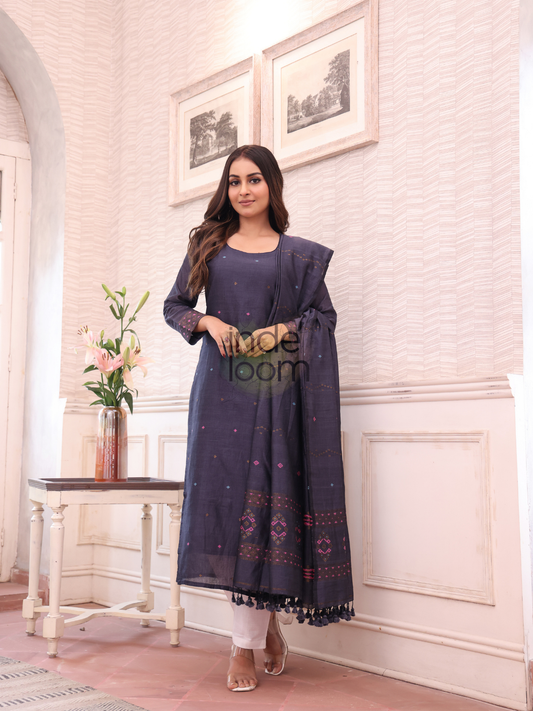 Slate Blue Grey | Handloom Jamdani Cotton Unstitched 2-Piece Kurti | Bhujodi Design