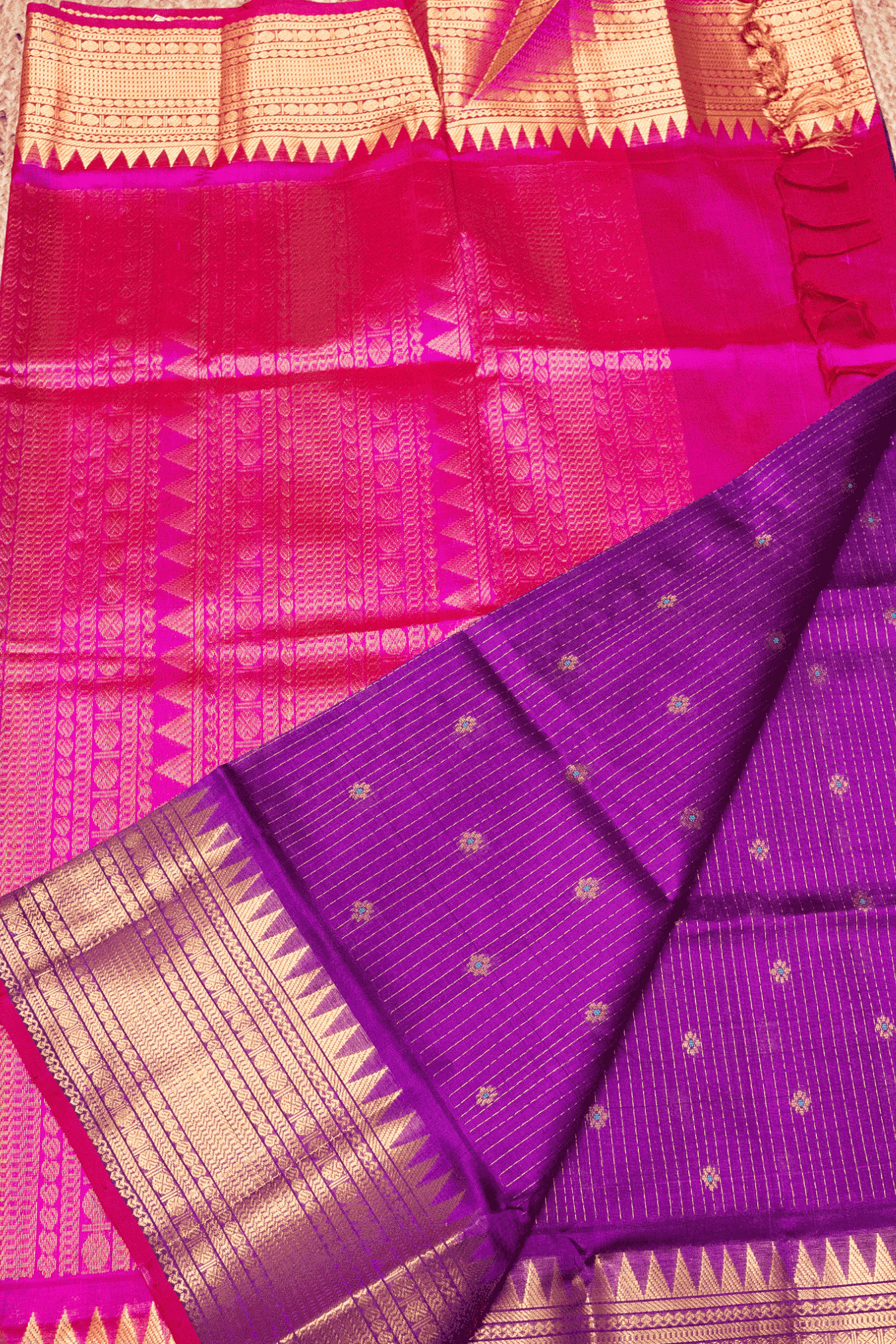 Pure handloom Korvai Silk Cotton Vairaoosi Saree in Mulberry Purple and Golden Pink with Grand Border - 161