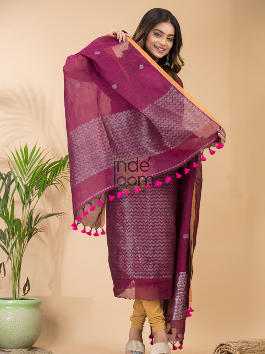 Rani Pink | Handloom Jamdani Linen Unstitched 2-Piece Kurti