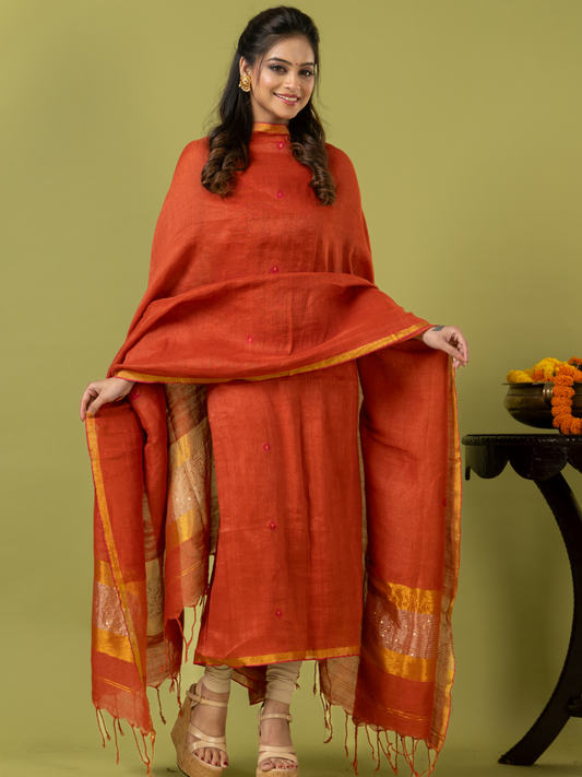 Handwoven Jamdani Linen Unstitched 2-piece Kurti | Burnt Orange
