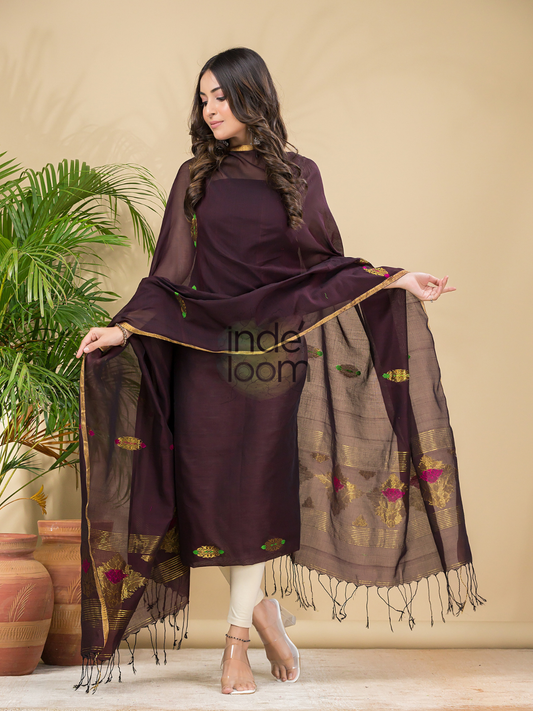 Ox Blood Brown | Handloom Jamdani Cotton Unstitched 2-Piece Kurti | Benaras Design