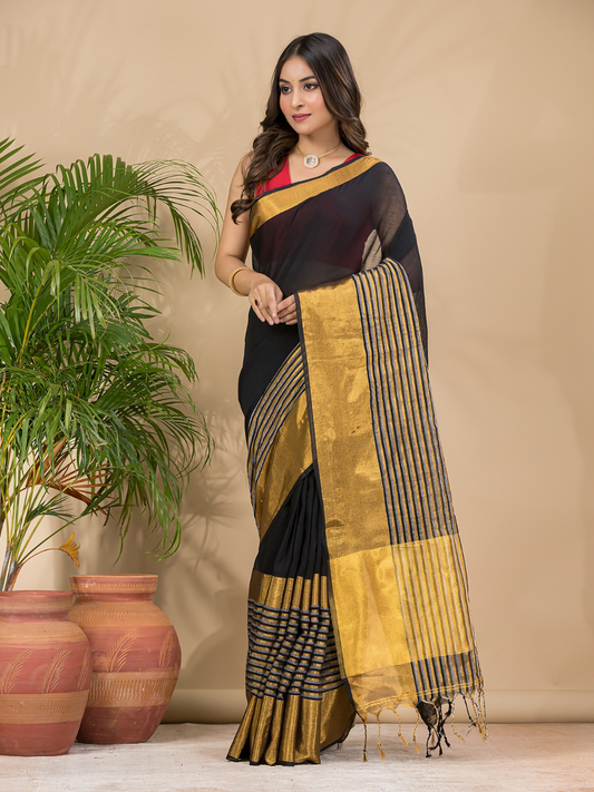 Cotton Linen Handloom Saree With Rich Black - 009