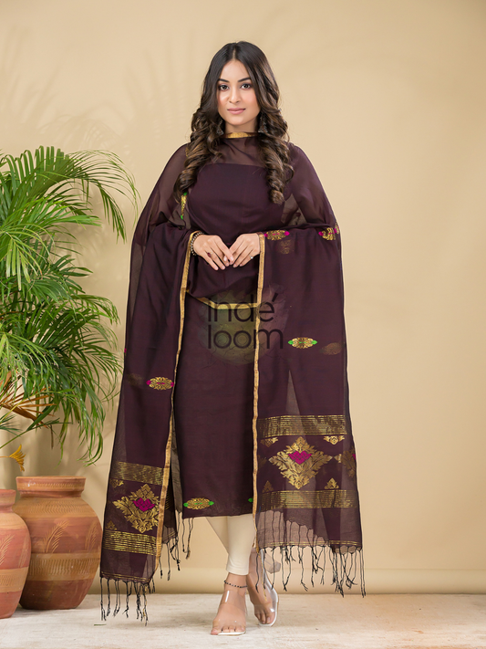 Ox Blood Brown | Handloom Jamdani Cotton Unstitched 2-Piece Kurti | Benaras Design