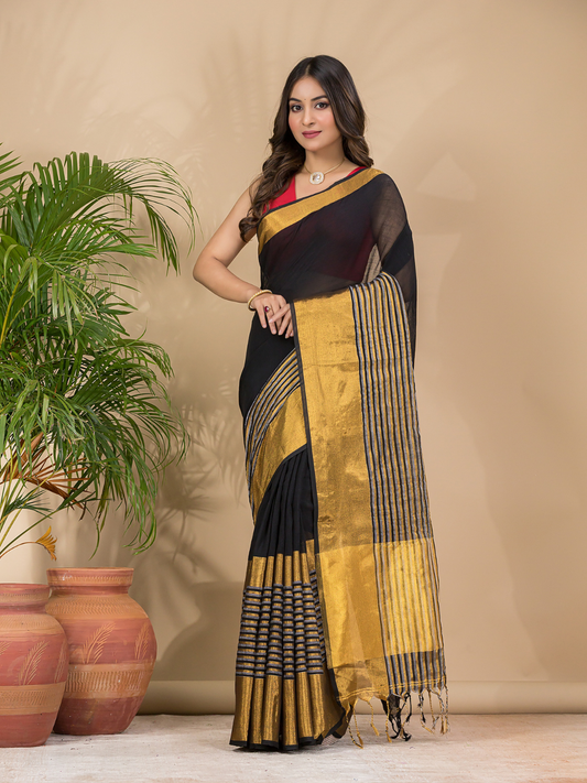 Cotton Linen Handloom Saree With Rich Black - 009
