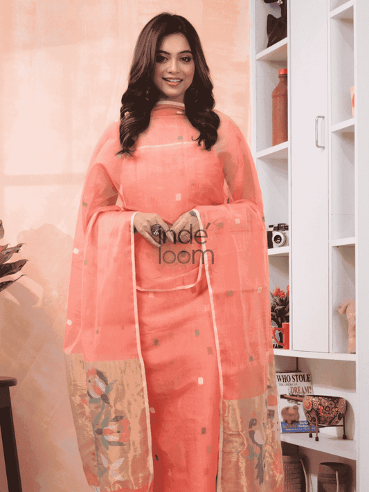 Coral Orange Paithani Muslin Jamdani 2-Piece Set Kurti Dupatta (UNSTITCHED) -578 - indeloom
