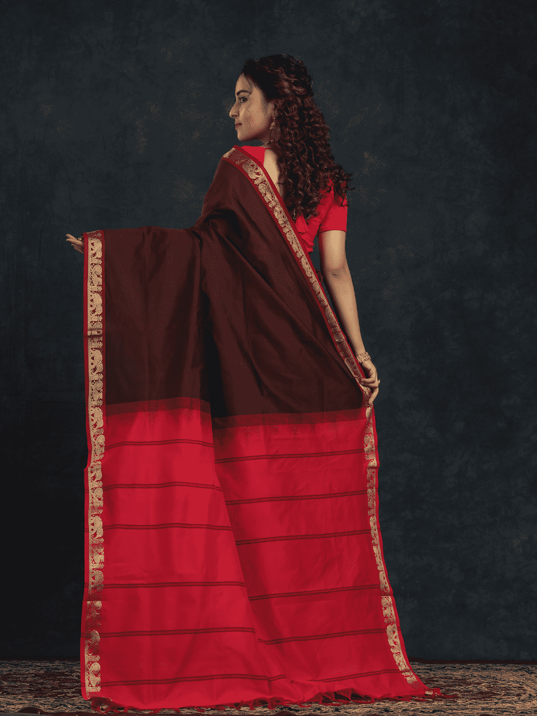 Pure Handloom Korvai Silk Cotton Saree in Red and Brown Border - 147